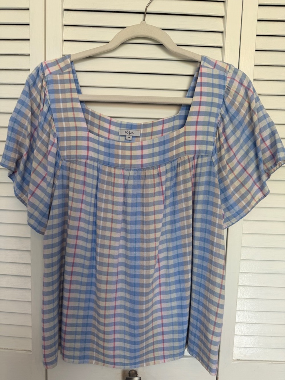 Rails Blue Plaid Square-Neck Blouse with Pink & Cream Accents